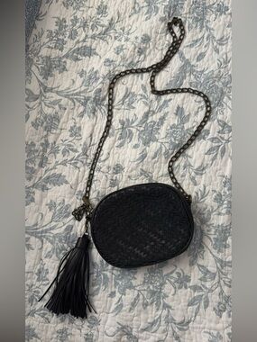 Anthropologie Black Woven Crossbody Bag with Tassel